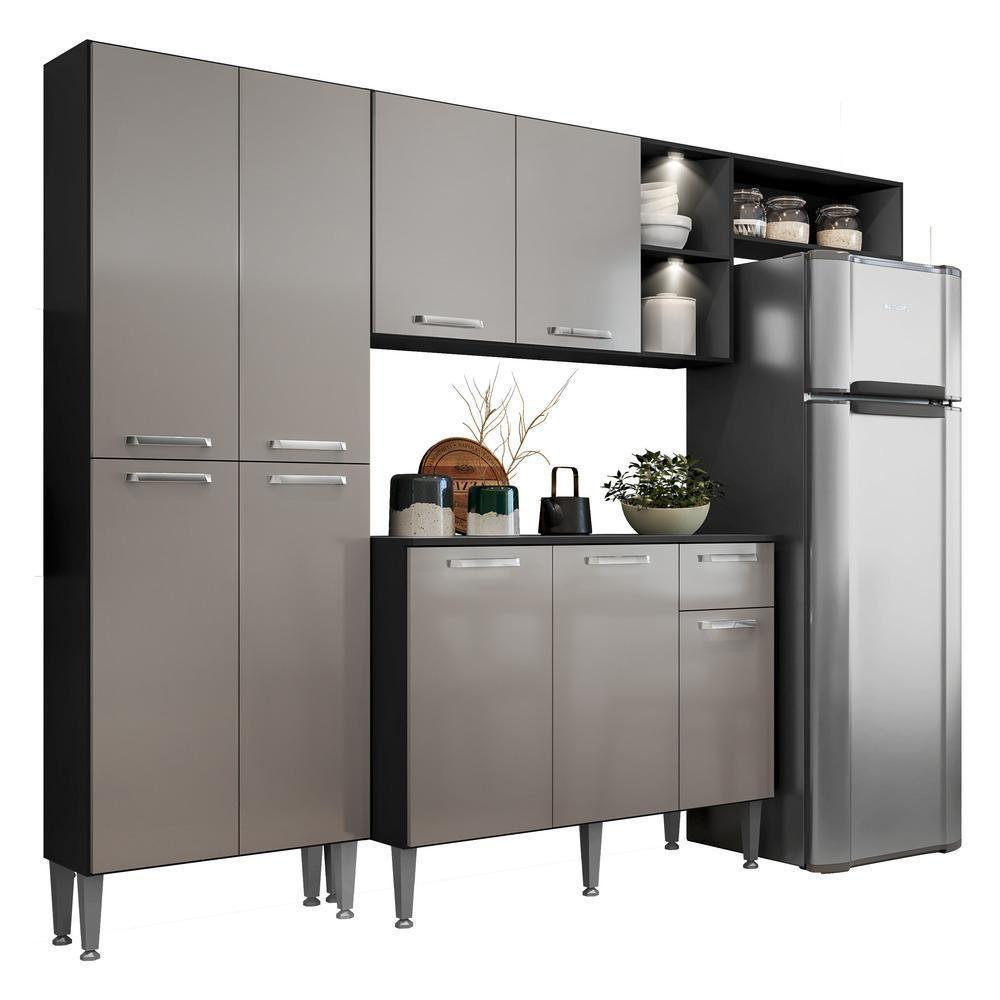 Cozinha Compacta Multimóveis Pequim Fg3572 Com 2 Leds Armário E Balcão Preta/lacca Fumê - 1