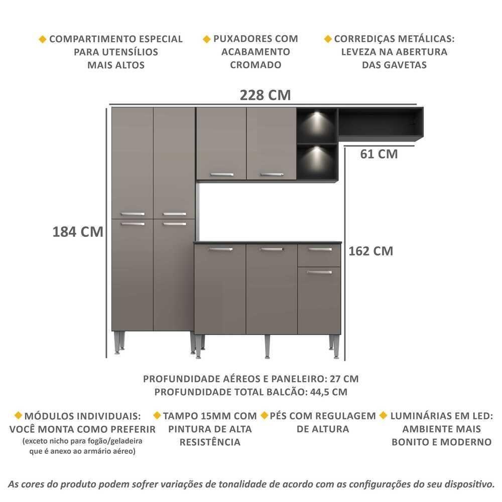 Cozinha Compacta Multimóveis Pequim Fg3572 Com 2 Leds Armário E Balcão Preta/lacca Fumê - 3