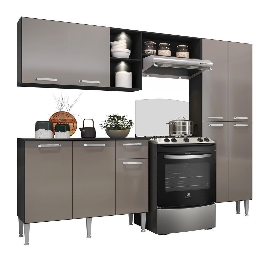 Cozinha Compacta Multimóveis Pequim Up Fg3412 Com 2 Leds Armário E Balcão Preta/lacca Fumê - 2
