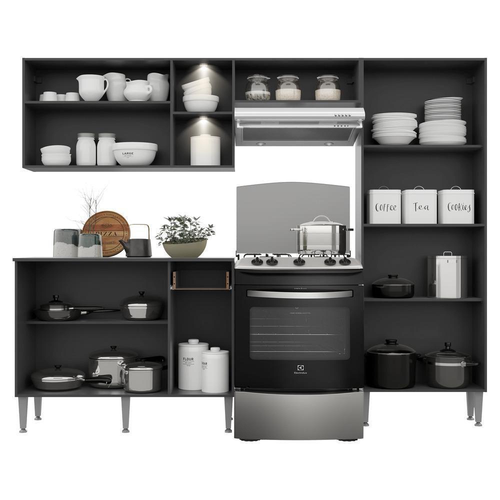Cozinha Compacta Multimóveis Pequim Up Fg3412 Com 2 Leds Armário E Balcão Preta/lacca Fumê - 4