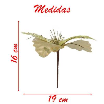 Kit 12 Flor De Natal Dourada Artificial Com Brilho 19cm