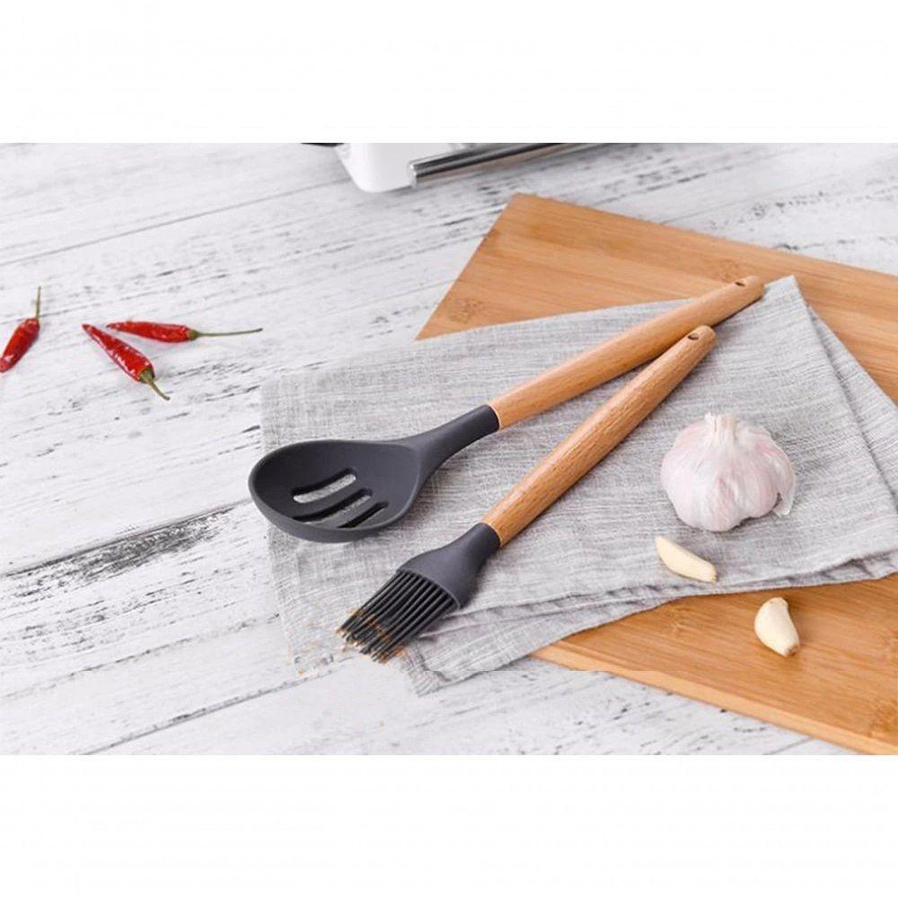 Kit 12 Peças Utensilios De Cozinha Colher Espatula Fue Pincel Cinza - 3