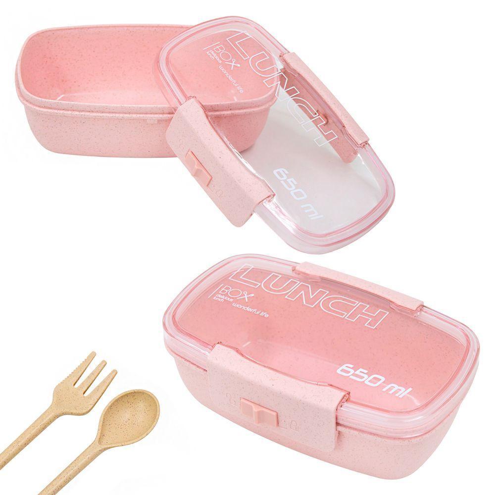 Marmita Pote 650ml Com Tampa Garfo Colher Freezer Micro-ondas Fit Rosa - 1
