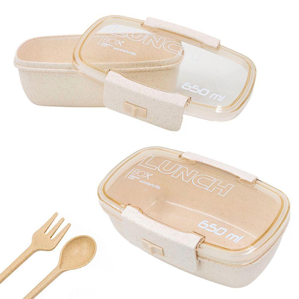 Marmita Pote 650ml Com Tampa Garfo Colher Freezer Micro-ondas Fit Bege - 1