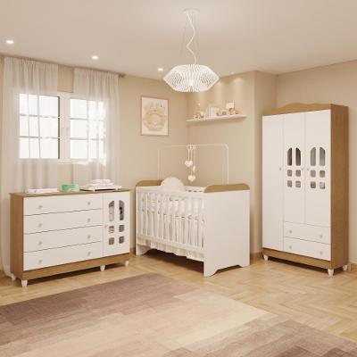 Quarto De Bebê Berço 3 Em 1 Gabriel Cômoda Com Porta Fraldario Guarda Roupa 3 Portas Branco Bétula Carolina Baby