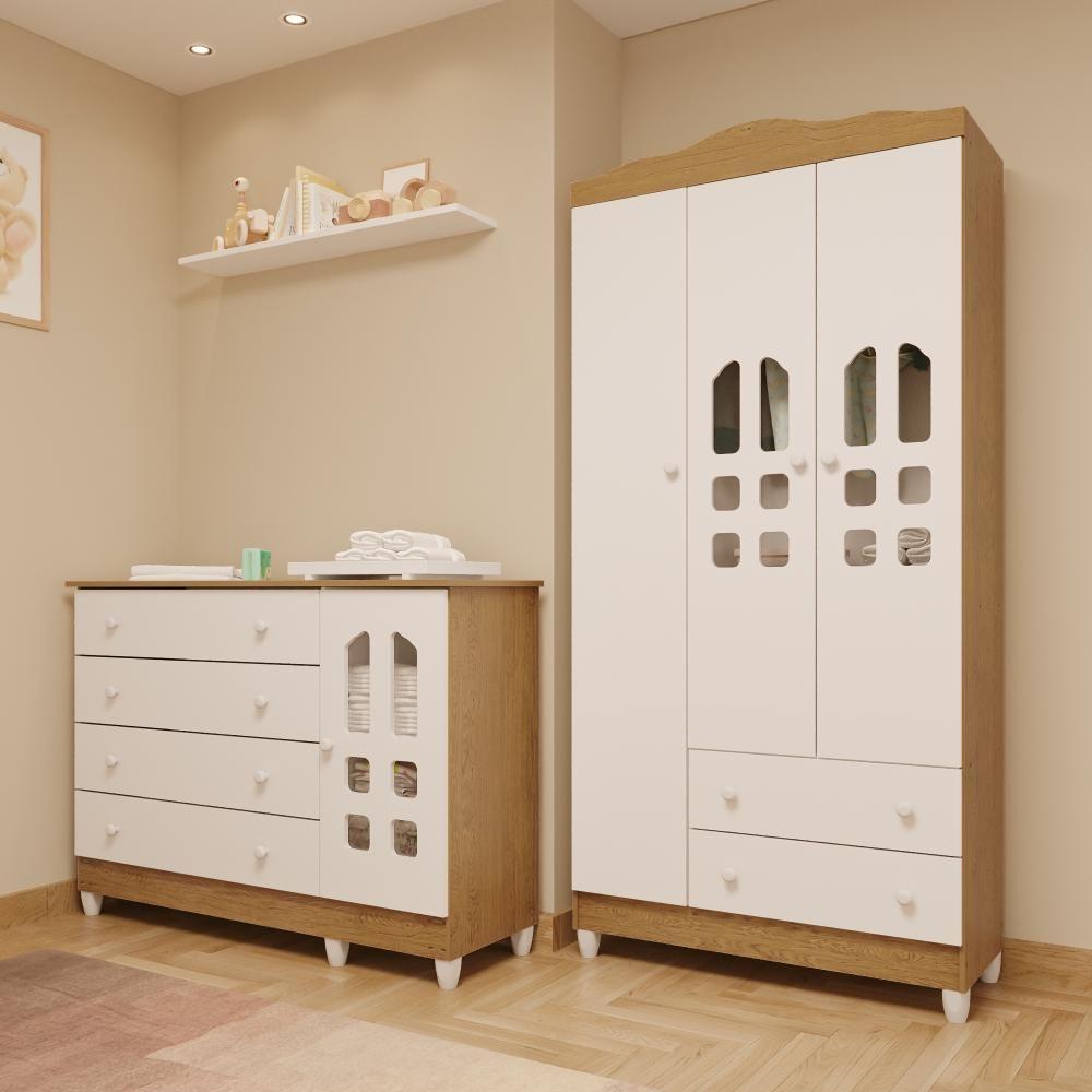 Quarto De Bebê Cômoda Com Porta Fraldário Guarda Roupa 3 Portas Branco Com Bétula Carolina Baby - 1
