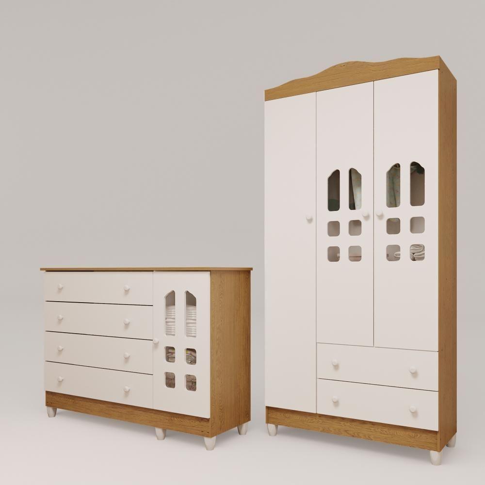 Quarto De Bebê Cômoda Com Porta Fraldário Guarda Roupa 3 Portas Branco Com Bétula Carolina Baby - 2