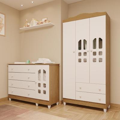 Quarto De Bebê Cômoda Com Porta Fraldário Guarda Roupa 3 Portas Branco Com Bétula Carolina Baby