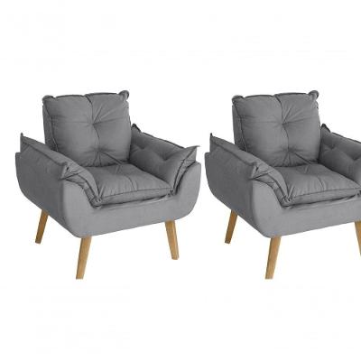 Kit 02 Poltrona/cadeira Decorativa Confortável Glamour Opala Cinza Com Pés Quadrado - Cinza