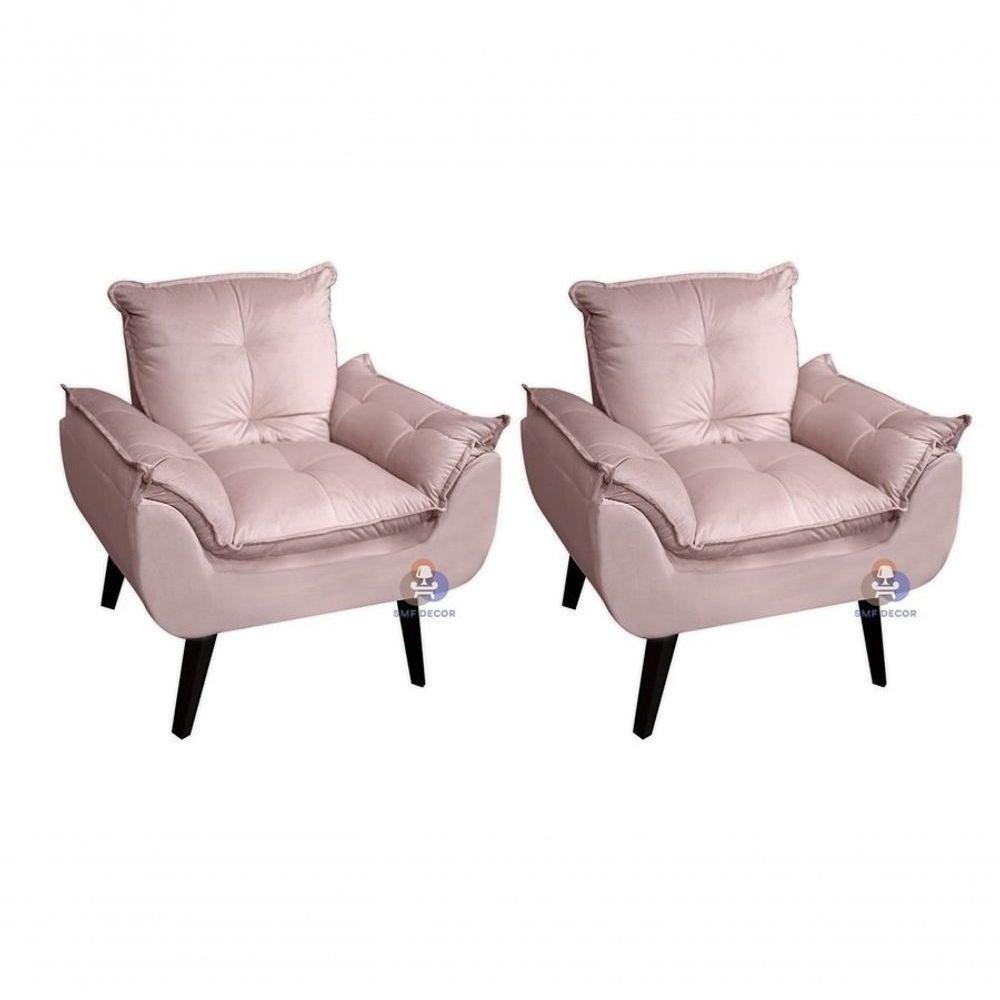 Kit 02 Poltrona/cadeira Decorativa Glamour Com Pés Quadrado Rosa Veludo - 1