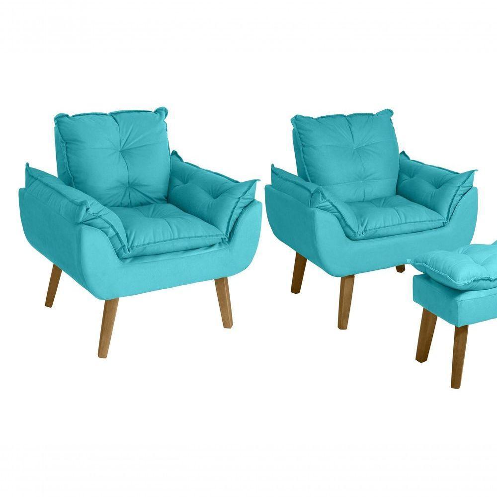 Kit 02 Poltrona/cadeira Decorativa E Puff Glamour Com Pés Quadrado Azul Turquesa - 1