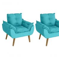 Kit 02 Poltrona/cadeira Decorativa E Puff Glamour Com Pés Quadrado Azul Turquesa - 2
