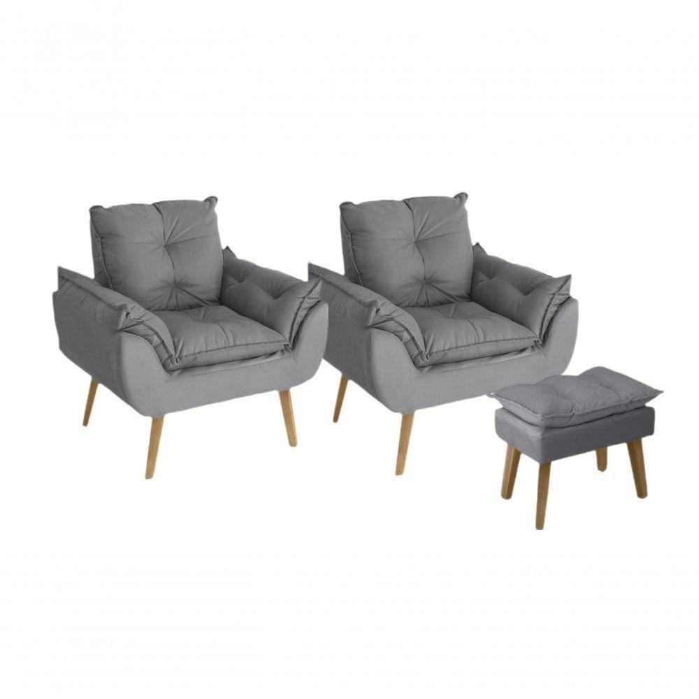 Kit 02 Poltrona/cadeira Decorativa E Puff Glamour Com Pés Quadrado Cinza - 1