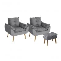 Kit 02 Poltrona/cadeira Decorativa E Puff Glamour Com Pés Quadrado Cinza - 1