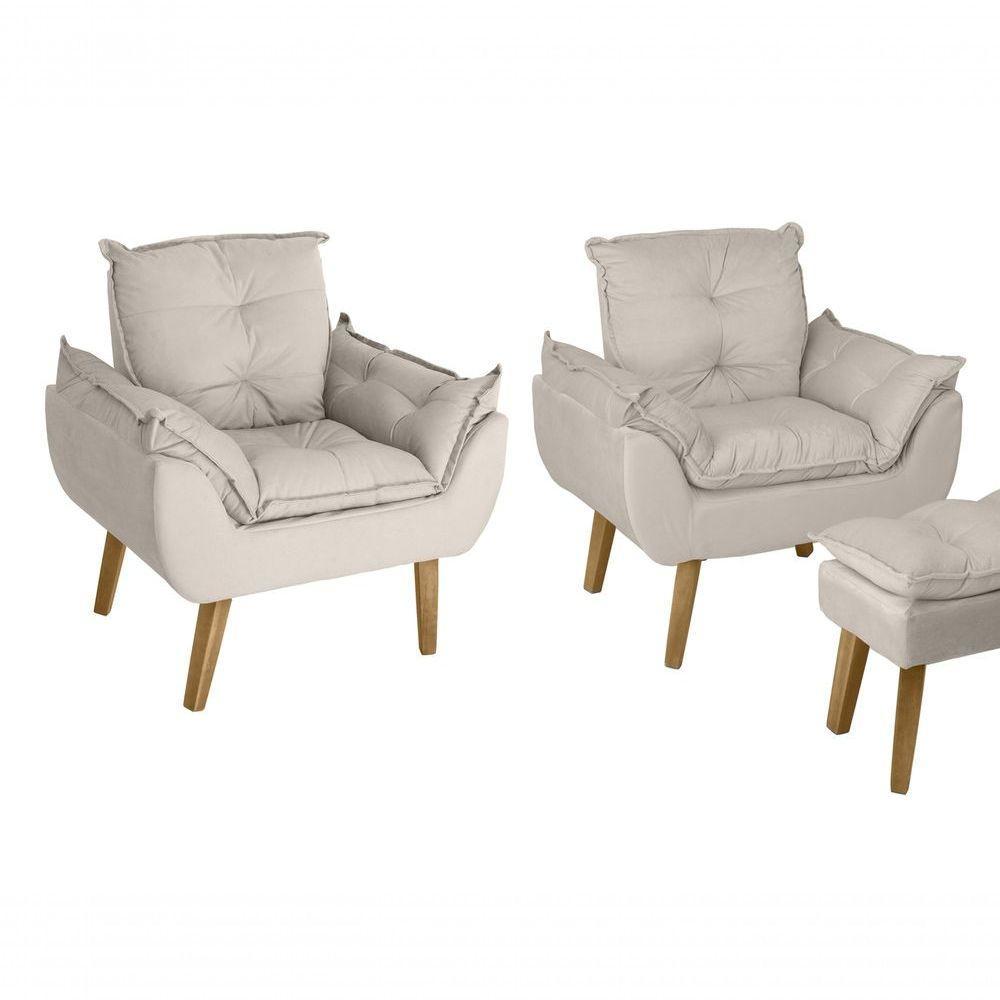 Kit 02 Poltrona/cadeira Decorativa E Puff Glamour Com Pés Quadrado Bege - 1