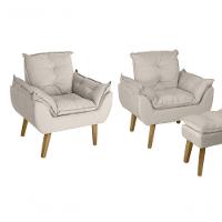 Kit 02 Poltrona/cadeira Decorativa E Puff Glamour Com Pés Quadrado Bege - 1