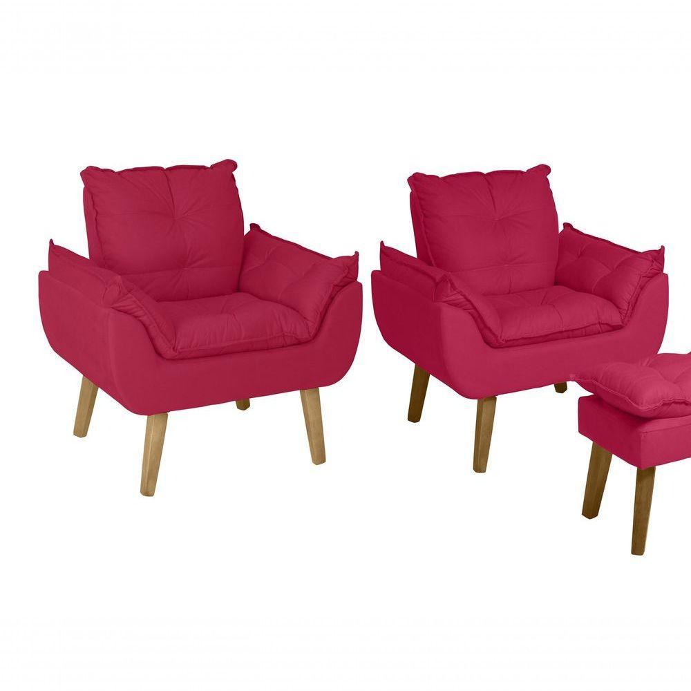 Kit 02 Poltrona/cadeira Decorativa E Puff Glamour Com Pés Quadrado Vermelho - 1