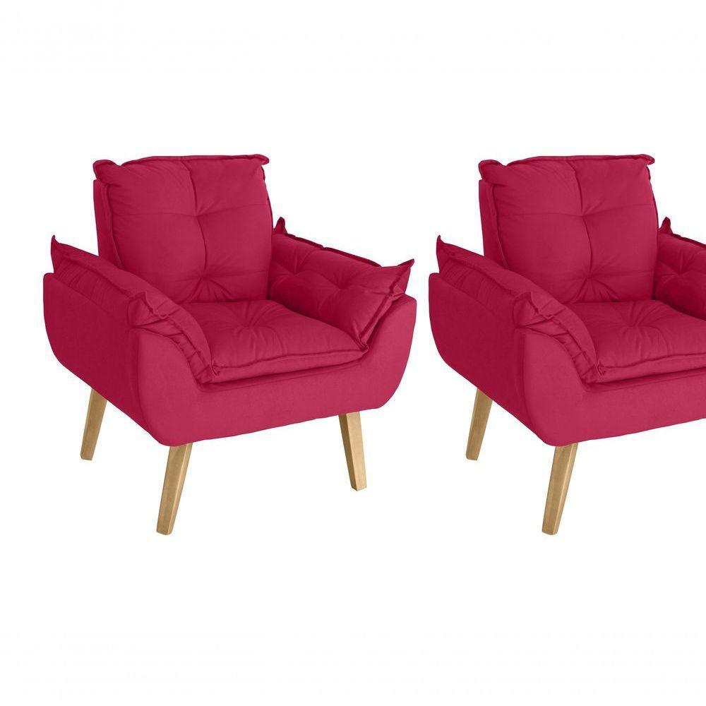 Kit 02 Poltrona/cadeira Decorativa E Puff Glamour Com Pés Quadrado Vermelho - 5