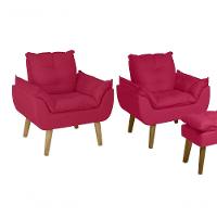 Kit 02 Poltrona/cadeira Decorativa E Puff Glamour Com Pés Quadrado Vermelho - 1