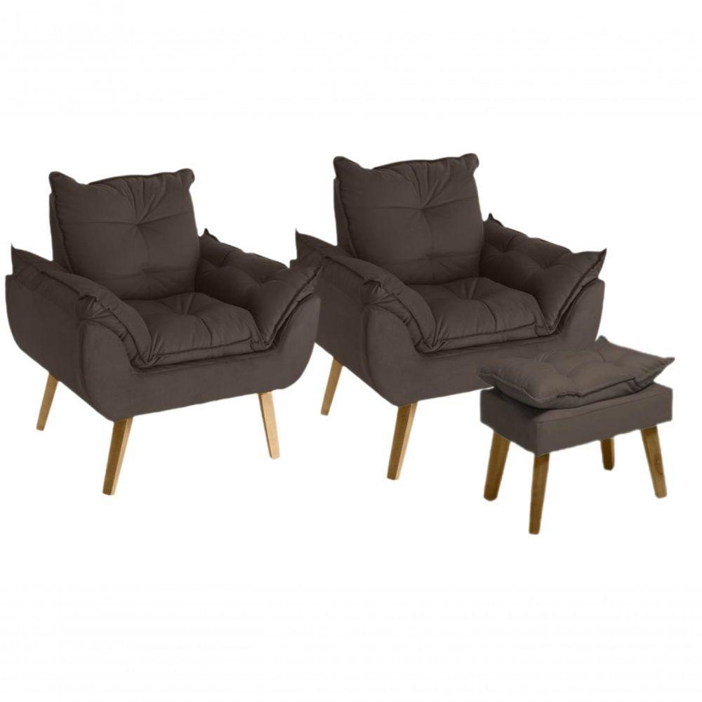 Kit 02 Poltrona/cadeira Decorativa E Puff Glamour Com Pés Quadrado Marrom - 1