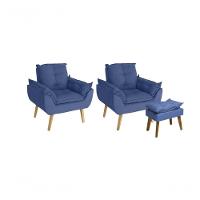 Kit 02 Poltrona/cadeira Decorativa E Puff Glamour Com Pés Quadrado Azul Marinho - 1