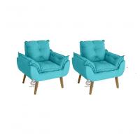 Kit 02 Poltrona/cadeira Decorativa Glamour Com Pés Quadrado Azul Turquesa - 1