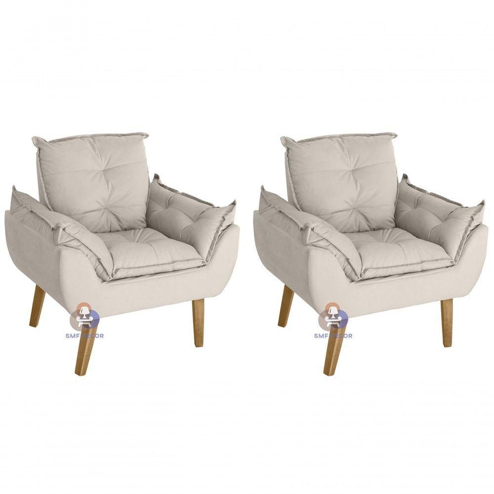 Kit 02 Poltrona/cadeira Decorativa Glamour Com Pés Quadrado Bege - 1