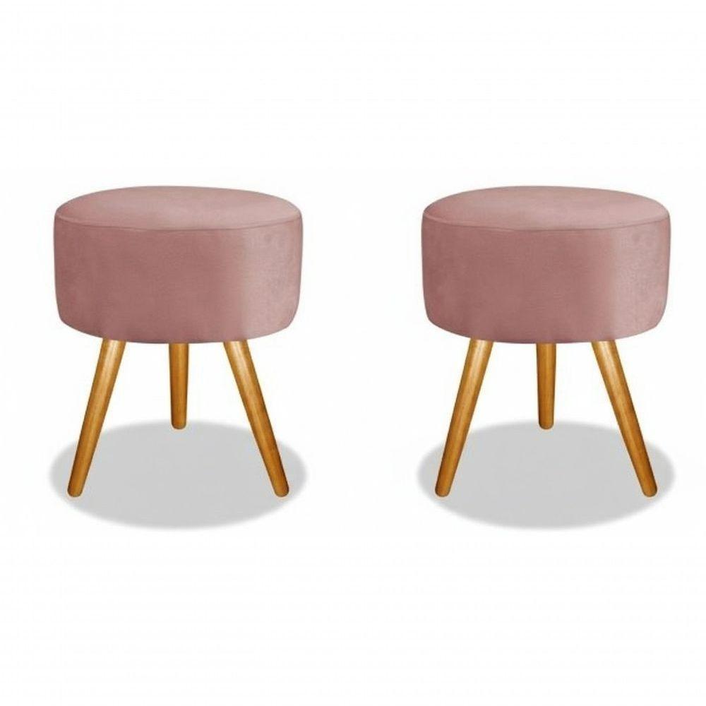 Kit 02 Puff Redondo Pés Palito Rosa Veludo - 1
