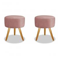 Kit 02 Puff Redondo Pés Palito Rosa Veludo - 1