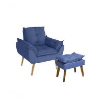 Poltrona/cadeira Decorativa E Puff Glamour Com Pés Quadrado Azul Marinho - 1