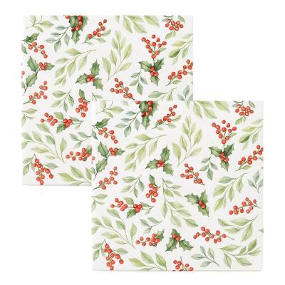 Kit Guardanapo De Natal Estampado Folhagens Azevinhos 25x25cm Folha Dupla Prime 40 Unidades