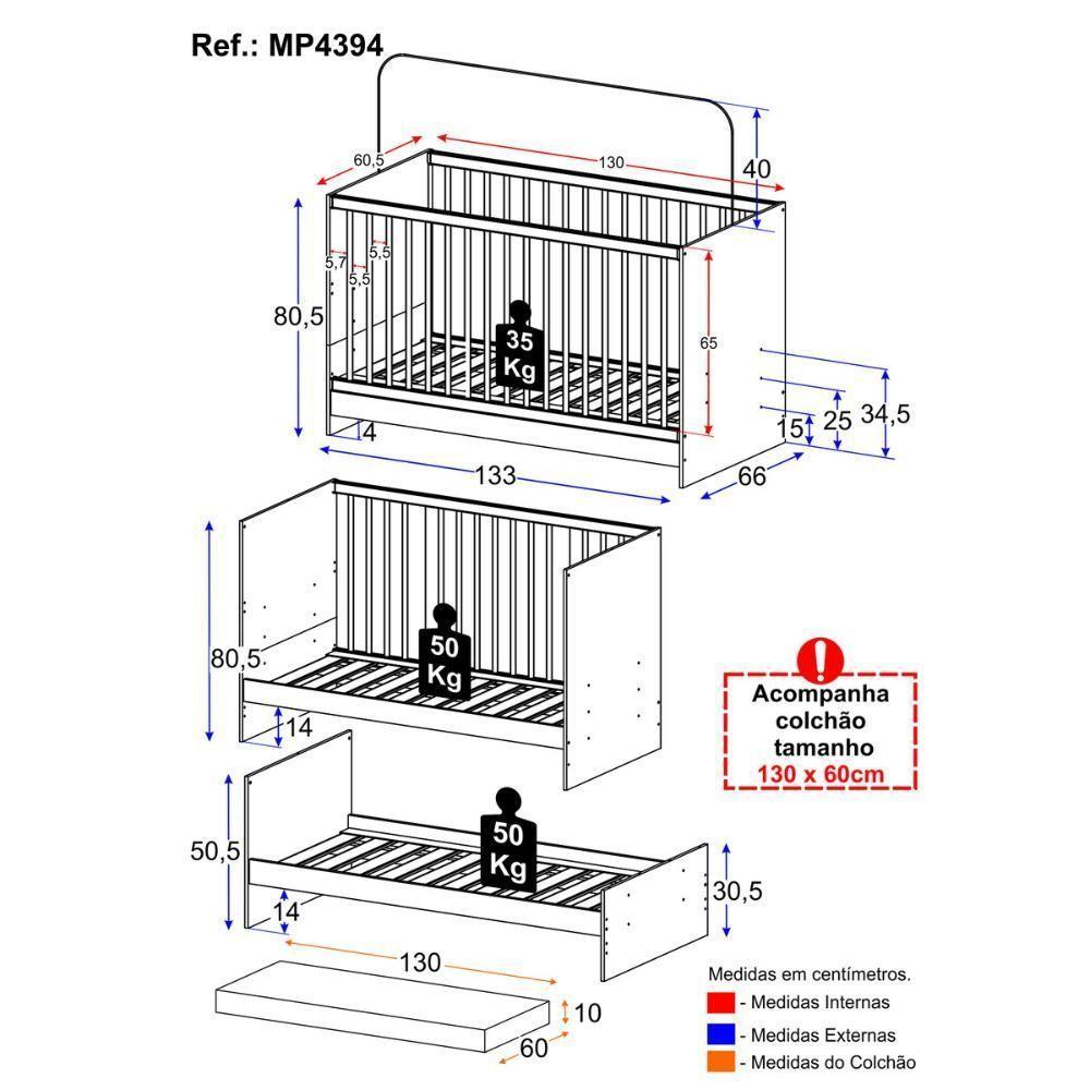 Berço 3 Em 1 Com Colchão Incluso Multimóveis Mp4394 Madeirado/branco - 4