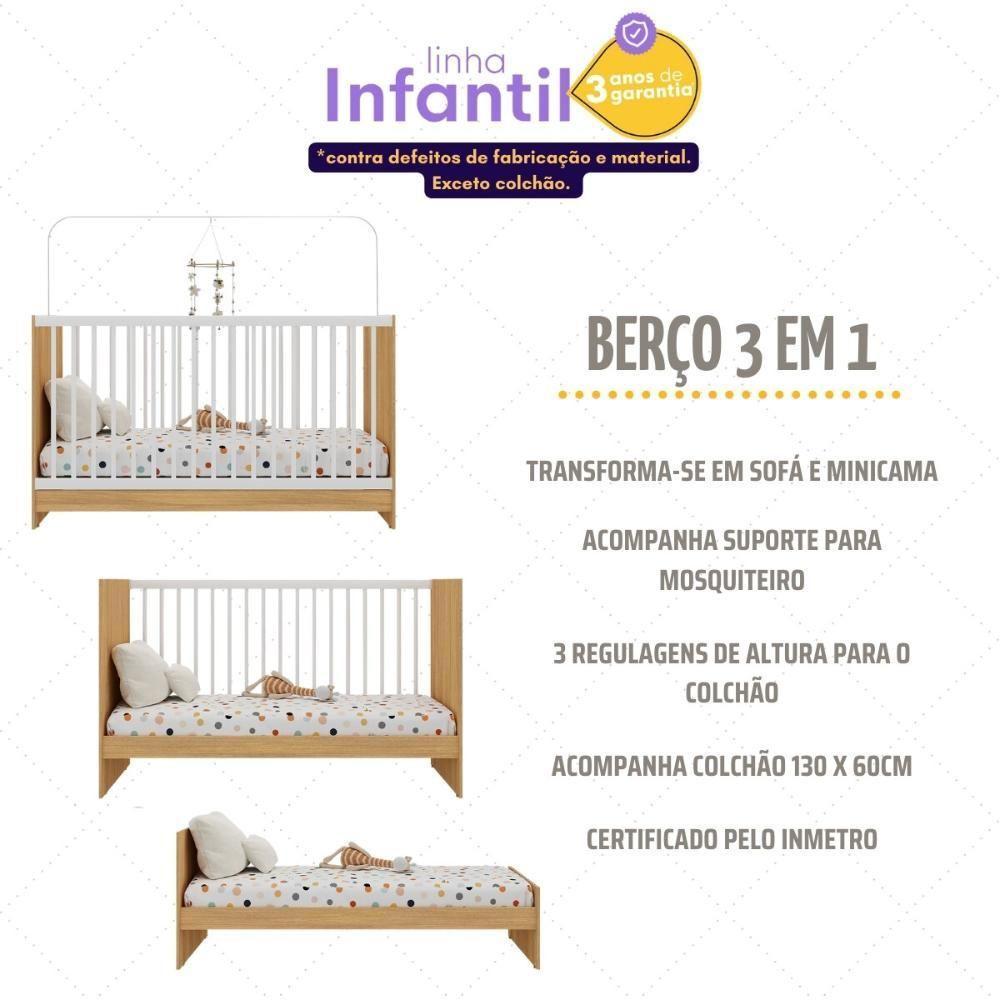 Berço 3 Em 1 Com Colchão Incluso Multimóveis Mp4394 Madeirado/branco - 6