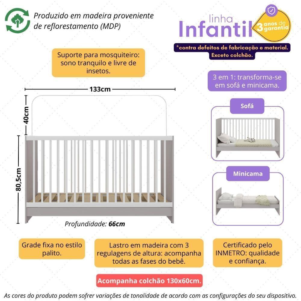 Berço 3 Em 1 Com Colchão Incluso Multimóveis Mp4394 Cinza/branco - 3