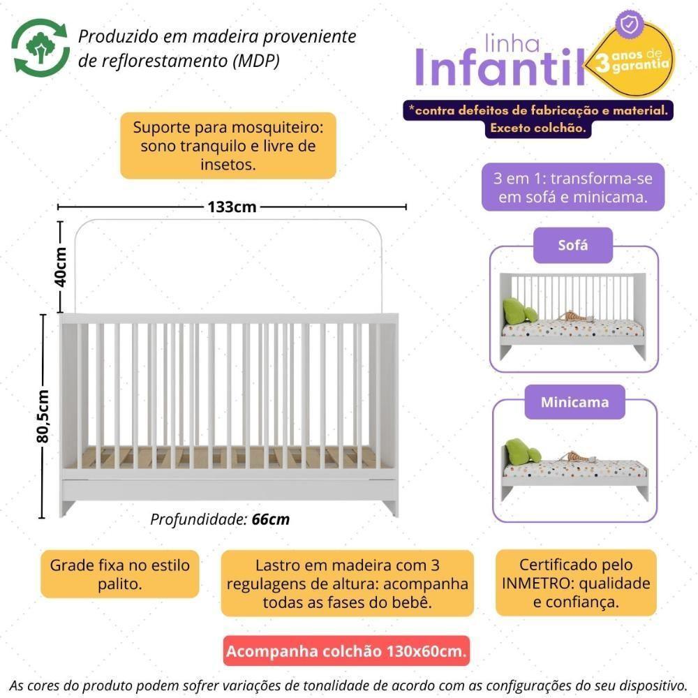Berço 3 Em 1 Com Colchão Incluso Multimóveis Mp4394 Branco - 3