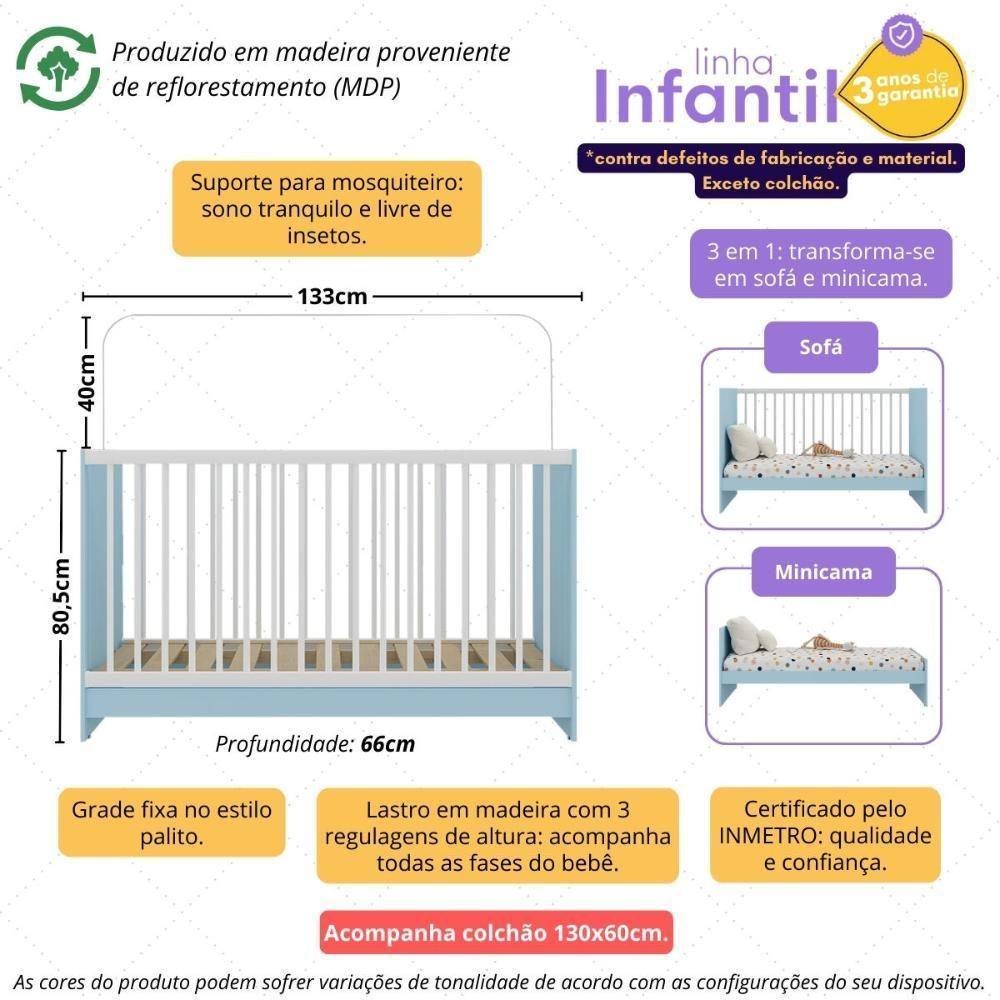Berço 3 Em 1 Com Colchão Incluso Multimóveis Mp4394 Azul/branco - 3