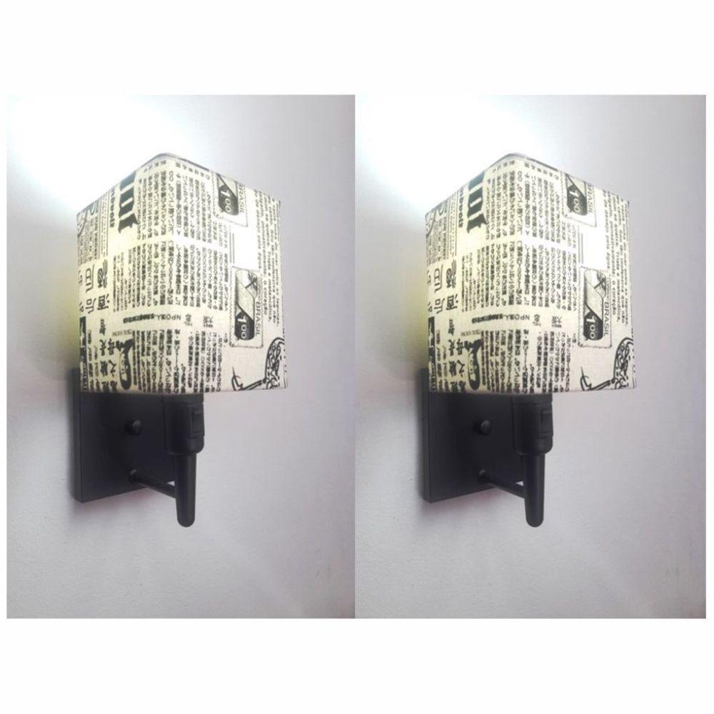 Kit-2 Arandela Quadrada Md-2019 Preto C- Inter Liga E Desl Cúpula Em Tecido Ny-jornal - Bivolt - 1