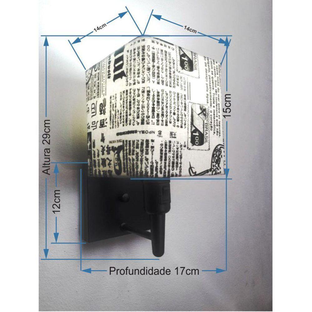 Kit-2 Arandela Quadrada Md-2019 Preto C- Inter Liga E Desl Cúpula Em Tecido Ny-jornal - Bivolt - 2