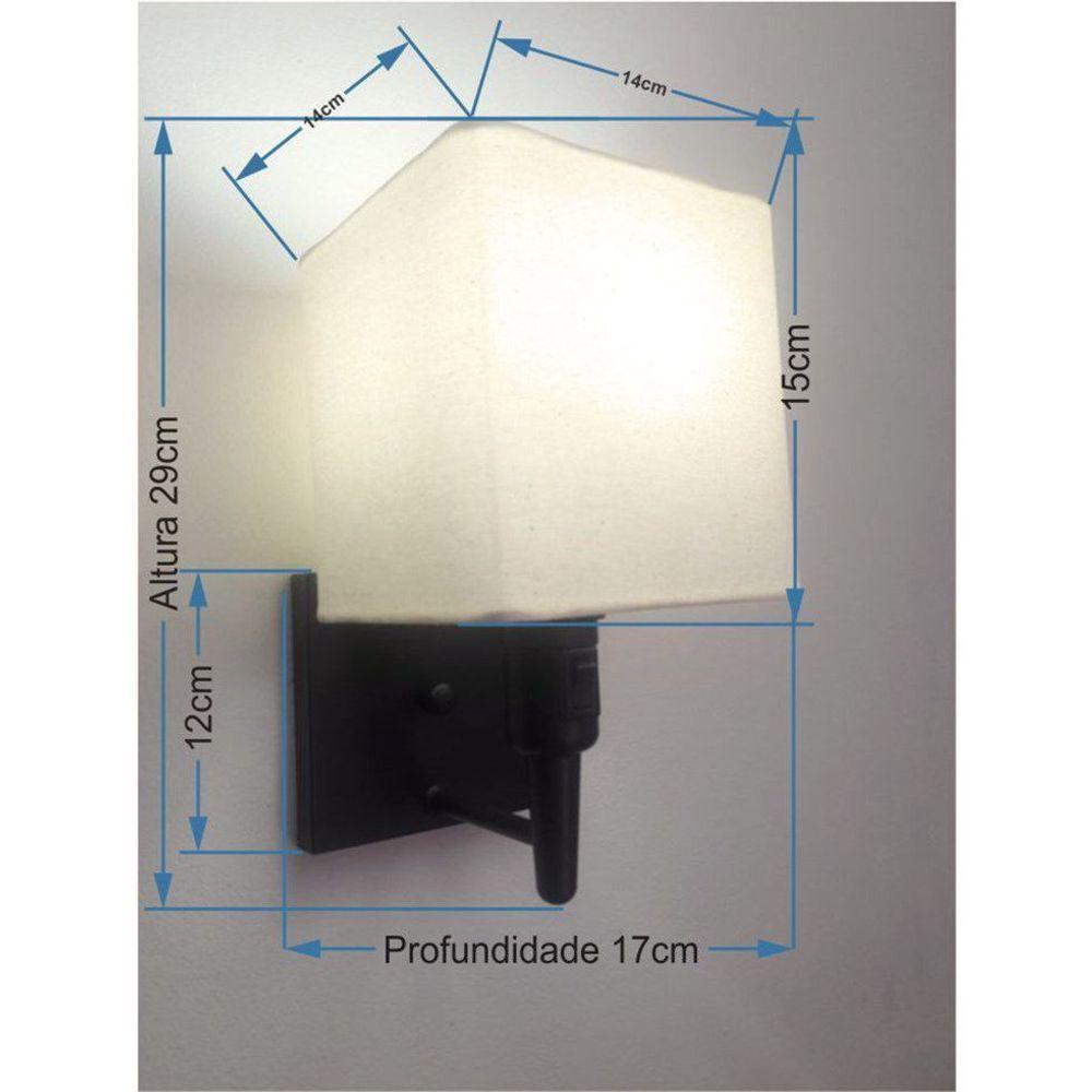 Arandela Quadrada Vivare Md-2019 Base Preto Com Interruptor Cúpula Em Tecido - Bivolt Preta-algodão-crú 127-220v - 2