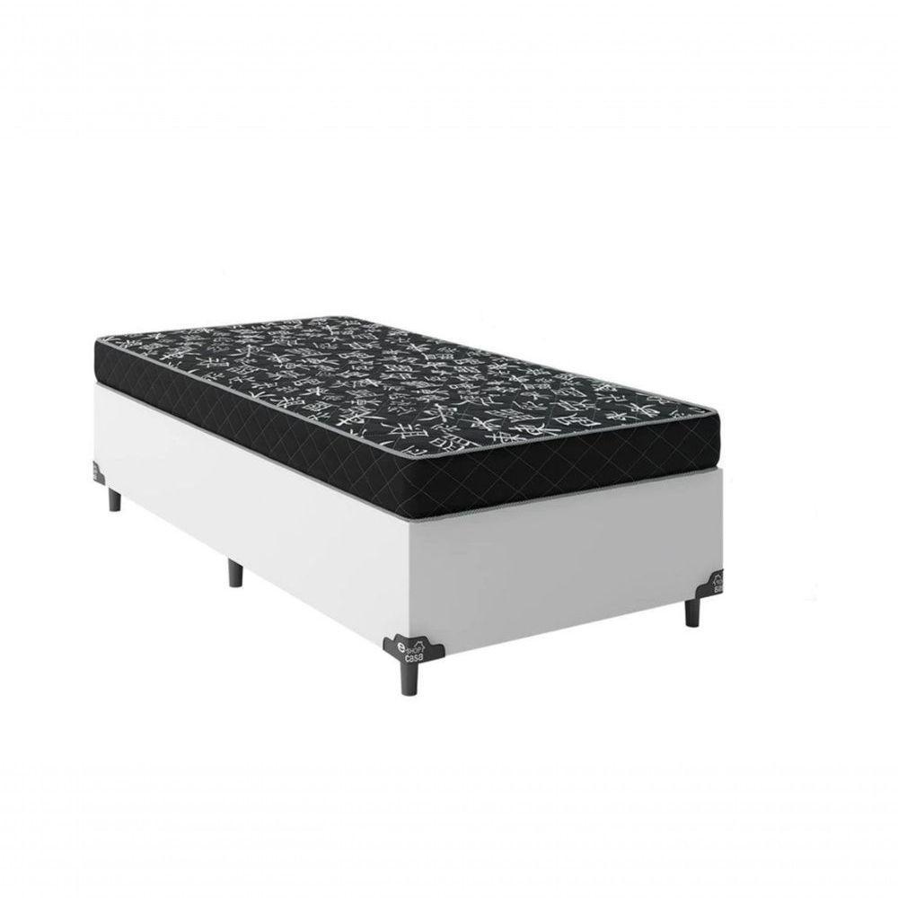 Cama Box Solteiro 88 Tecido Sintético Branco Com Colchão Espuma D20 - Tampo Preto 12cm - 1