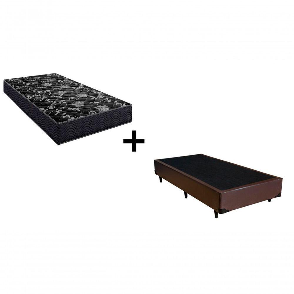 Cama Box Solteiro 88 Tecido Sintético Marrom Com Colchão Lisboa Bello Box Espuma D28 Preto - 1
