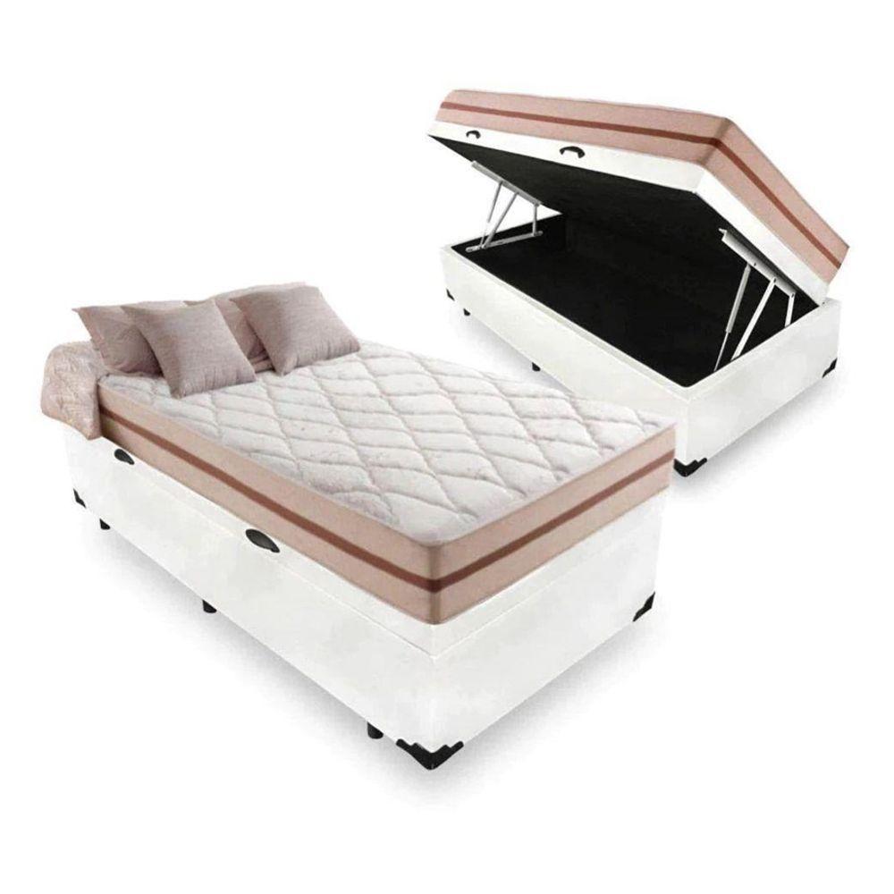 Cama Box Baú Solteiro Tecido Sintético Branco Com Colchão Pillow Angel - Bello Box - Molas Ensacadas 62x88x188 - 1