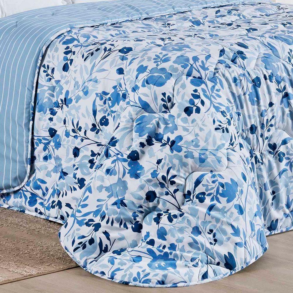Edredom Cobertor Belle Queen 400 Fios Dupla Face Estampado Florido Azul - 3