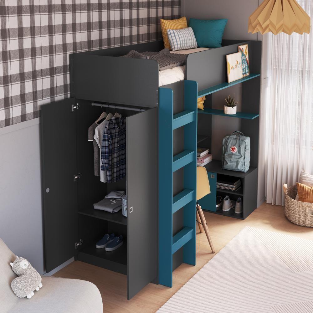 Cama Infantil Alta Office De Solteiro Com Armário, Escrivaninha, Cabideiro E Prateleira Grafite - 3