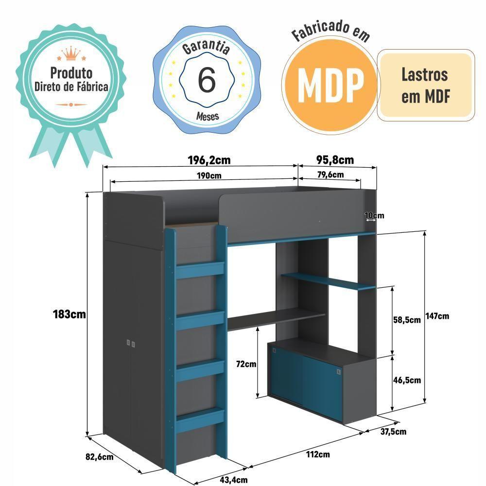 Cama Infantil Alta Office De Solteiro Com Armário, Escrivaninha, Cabideiro E Prateleira Grafite - 6
