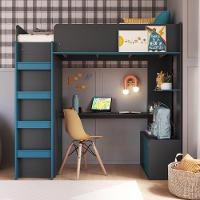 Cama Infantil Alta Office De Solteiro Com Armário, Escrivaninha, Cabideiro E Prateleira Grafite - 2