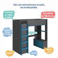 Cama Infantil Alta Office De Solteiro Com Armário, Escrivaninha, Cabideiro E Prateleira Grafite - 7