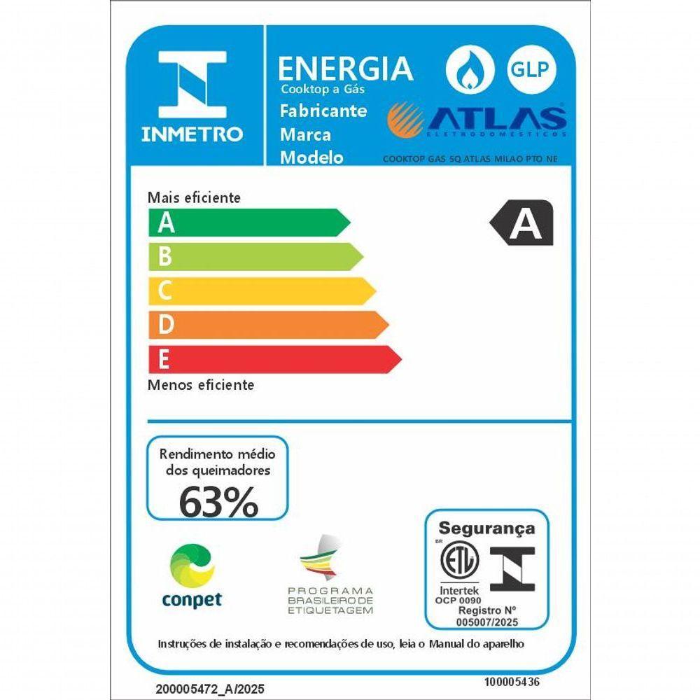 Cooktop 5 Bocas Atlas Milão Mega Chama A Gás Preto Bivolt - 5