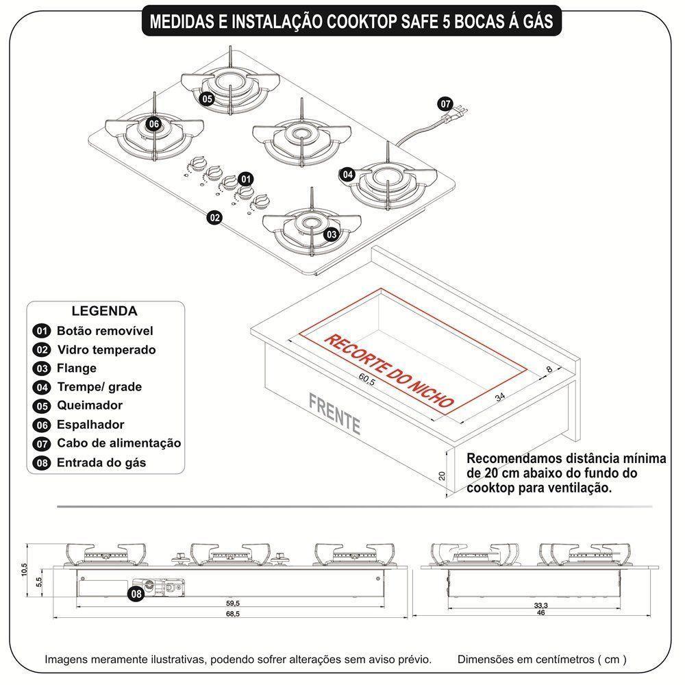 Fogão Cooktop 5 Bocas Mesa Em Vidro Safe Ferro Fundido Fogatti Bivolt - 5