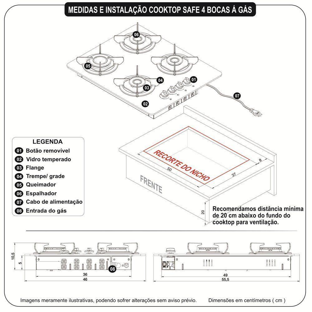 Fogão Cooktop 4 Bocas Mesa Em Vidro Safe Ferro Fundido Fogatti Bivolt - 5